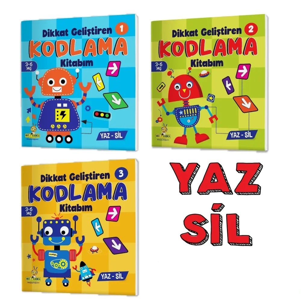 3-6 Yaş Dikkat Geliştiren Kodlama Kitabım Serisi YAZ-SİL (İnce Motor Becerileri, Dikkat Geliştirme, Yer Yön Kavramı, Matematiksel Beceriler)